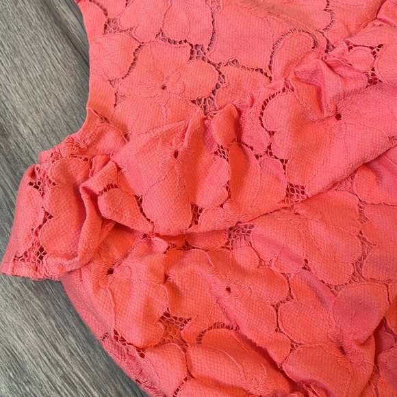 Janie and Jack coral pink lace bubble romper with ruffle waist - Picture 2 of 6